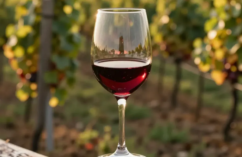 A glass of wine overlooking vineyard rows