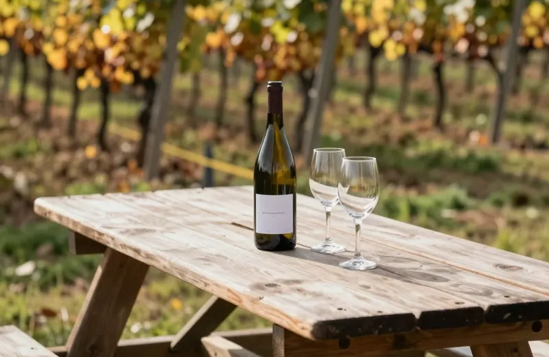 Picnic table with wine among the vines